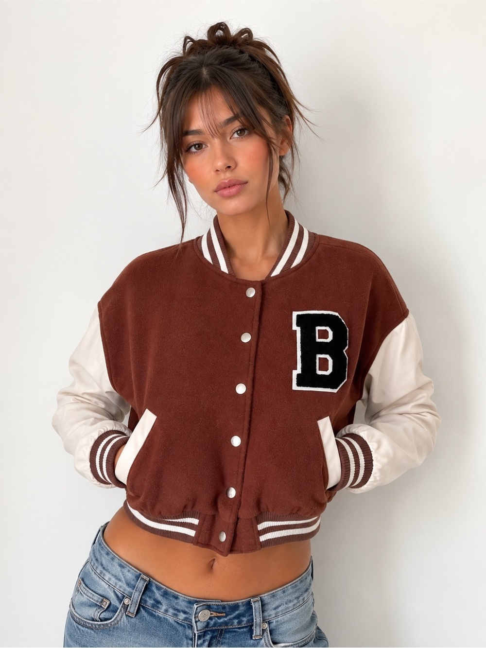Brown & Cream Cropped Varsity Jacket – Size L